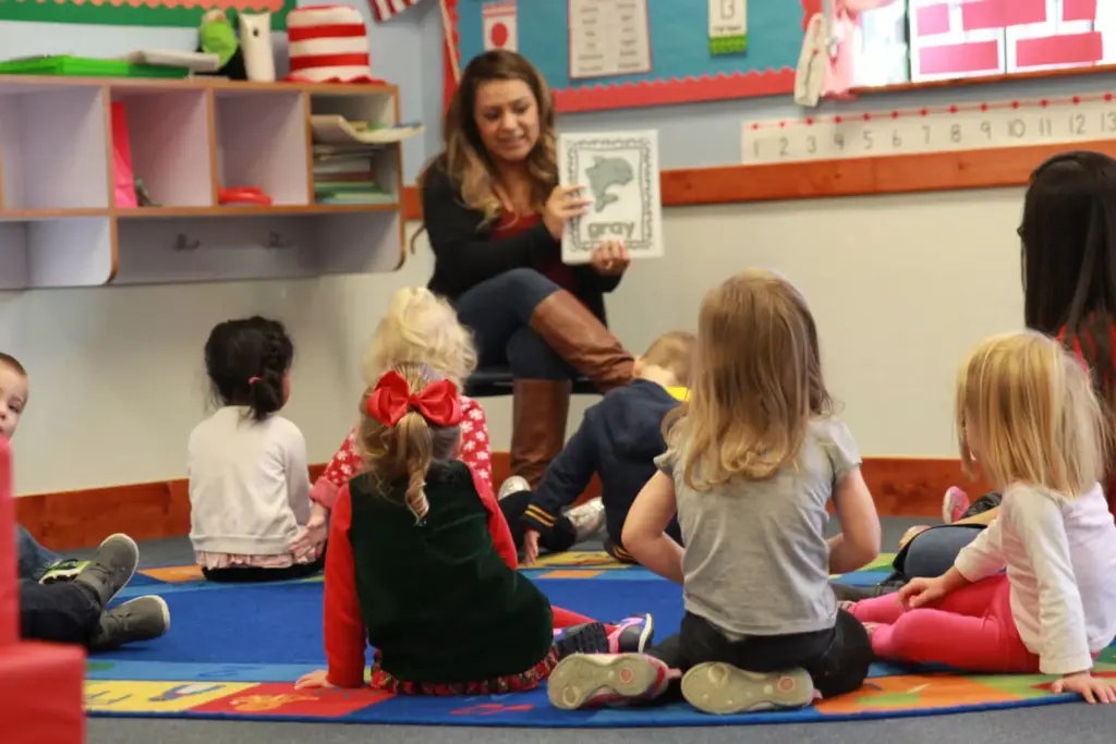 A teacher sits on a chair in a classroom, holding up a book to a group of young children seated on a colorful rug, attentively listening. This engaging scene is typical of an early childhood education franchise dedicated to fostering young minds.