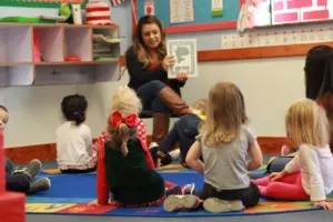 A teacher sits on a chair in a classroom, holding up a book to a group of young children seated on a colorful rug, attentively listening. This engaging scene is typical of an early childhood education franchise dedicated to fostering young minds.